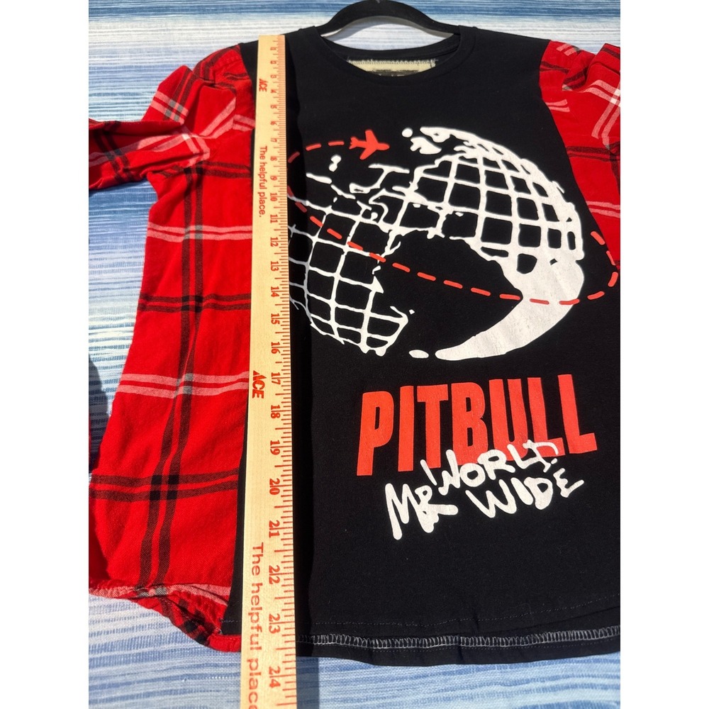 Upcycled Pitbull Mr World Wide Flannel Hybrid Tee Black Red Plaid Unisex Small - Picture 4 of 6
